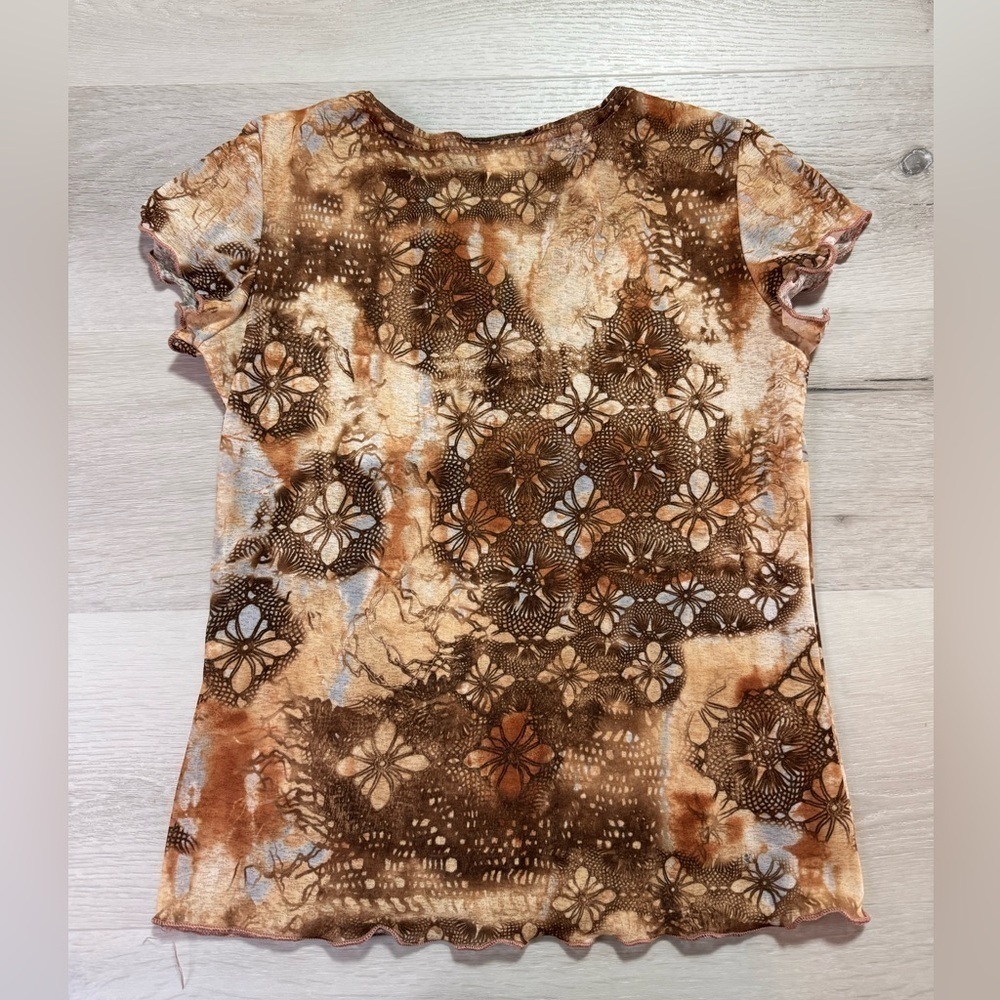 Y2K MissUnderstood V Neck Empire Mesh Brown Patterned Top, XL, fits like Medium - Picture 2 of 11